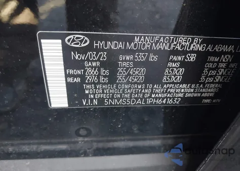 2023 Hyundai Santa Fe Calligraphy z USA, uszkodzony, nr VIN 5NMS5DAL1PH641632